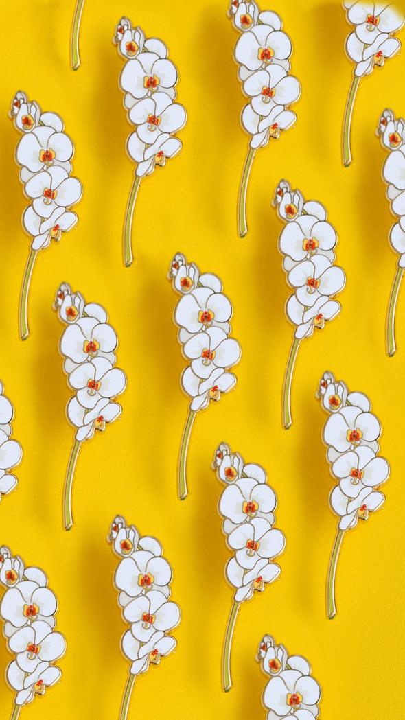 White Orchid Enamel Pin, Floral Enamel Pin, Flower Lapel Pin